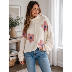 POL Floral Sherpa Pullover Sweater Large Cozy Cottagecore Boho